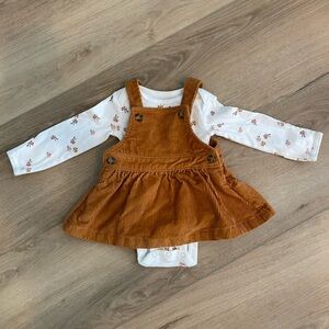 Brown Corduroy Overall Dress with Floral Onesie